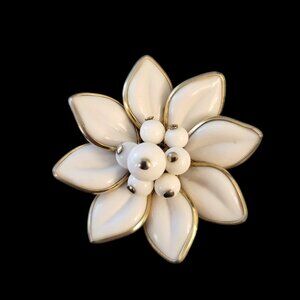Vintage Coro White Milk Glass Gold Tone Floral Brooch Pin 1950s